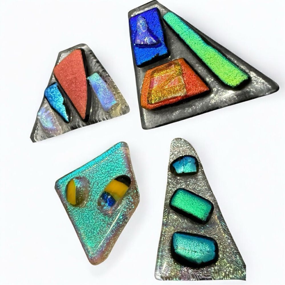 Set of 4 Modern Fused Glass Pendants – Bold Abstract Art with Iridescent Sparkle